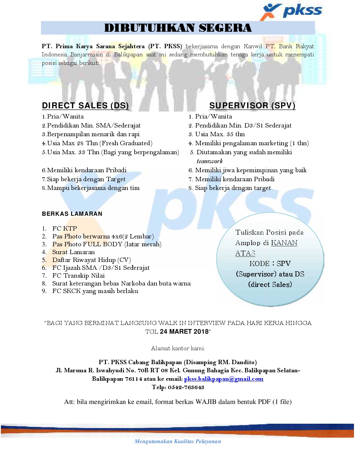 DIBUTUHKAN SEGERA SPV DAN DIRECT SALES